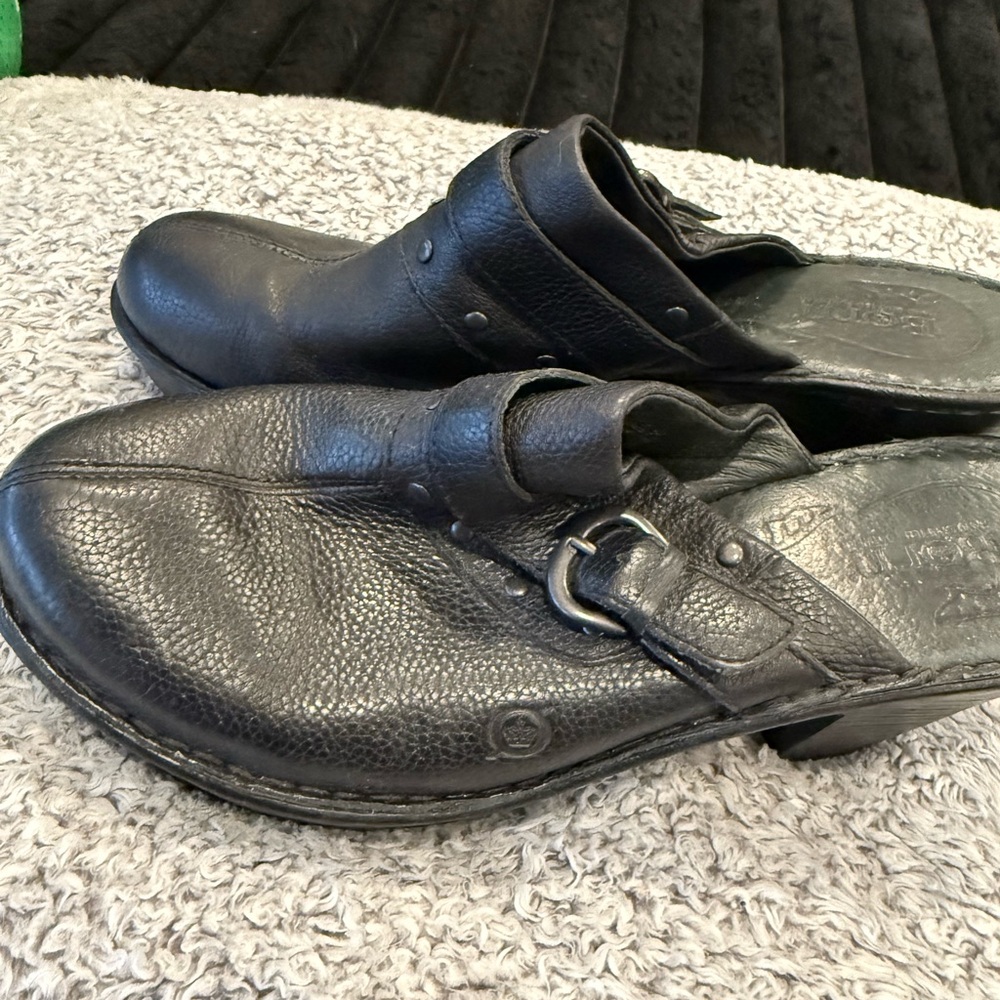 Born Black Leather Buckle Clogs